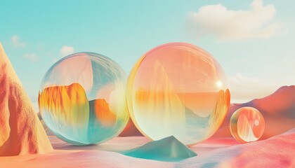 Poster - A stunning abstract landscape featuring three translucent spheres reflecting soft pastel colors amidst gentle hills