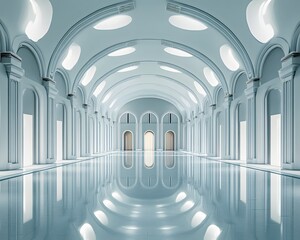 Poster - A stunning interior of a modern architectural space featuring high arched ceilings, elegant lighting, and reflective floors, creating a serene and stylish ambiance for events.