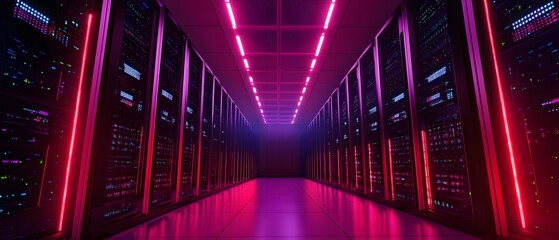Poster - A stunning view of a modern data center, featuring rows of servers illuminated by vibrant neon lights. This environment symbolizes innovation and the future of technology.