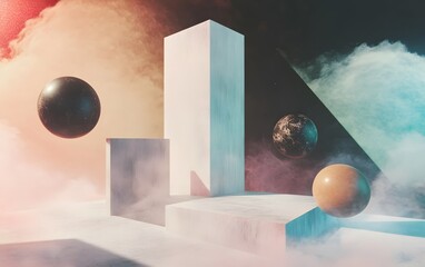 Poster - A surreal composition featuring geometric shapes and floating spheres in a dreamlike atmosphere, blending colors and textures for a captivating visual experience.
