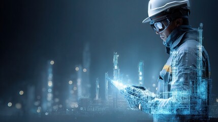 Poster - Engineer with Holographic Wrench in Modern Oil Refinery Setting