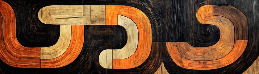 Poster - A vibrant abstract composition featuring curvy shapes in warm wooden tones against a dark background, perfect for modern design projects or artistic inspiration.