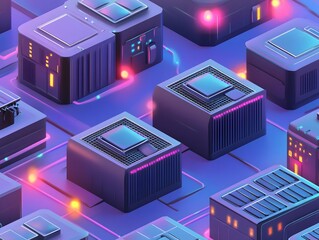 Poster - A vibrant, futuristic digital landscape showcasing intricate server units with glowing neon lights, representing advanced technology and innovation in computing.