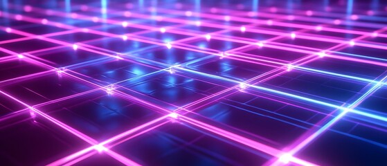 Poster - A vibrant digital grid illuminated with neon pink and blue lights, showcasing an abstract representation of modern technology and innovation. Perfect for tech-related themes.