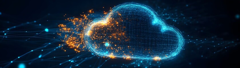 Poster - A vibrant digital representation of a cloud, illuminated with blue and orange sparks