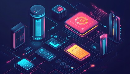 Poster - A vibrant digital illustration showcasing glowing futuristic gadgets and tech interfaces
