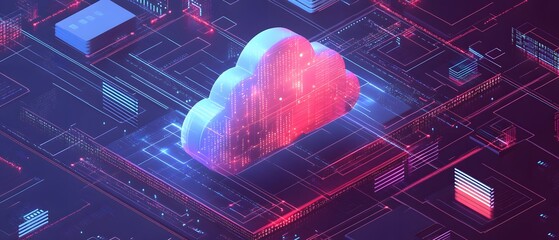 Poster - A vibrant, digital representation of cloud technology, showcasing a luminous cloud surrounded by intricate circuits
