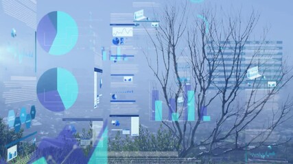 Poster - Hillside scene featuring transparent data charts overlaying hazy skyline with shrubs, bare branches