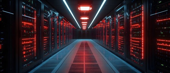 Poster - An advanced data center hallway featuring rows of illuminated servers with red lighting. The sleek, modern design emphasizes cutting-edge technological innovation and efficiency.