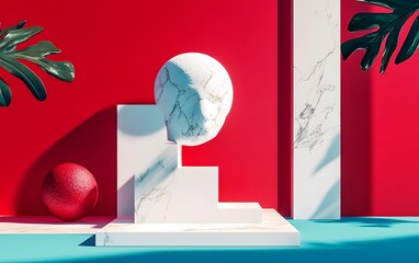 Poster - An artistic arrangement featuring geometric shapes in white marble against a vibrant red background. The contrasting elements create a modern and stylish aesthetic.
