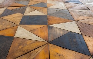 Poster - An artistic view of a wooden floor featuring unique geometric patterns in earthy tones. The warm colors blend harmoniously, creating an inviting atmosphere in interior spaces.