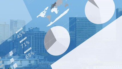 Poster - Translucent blue overlays sweeping across city skyline, animating geometric charts and infographics