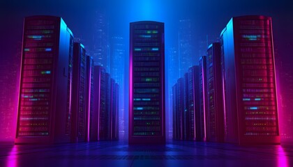 Poster - Futuristic data center illuminated with vibrant hues, showcasing rows of advanced servers. Ideal for technology themes, digital innovation, and modern data management.