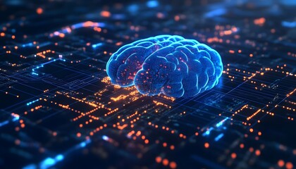 Poster - Futuristic depiction of a glowing brain over a digital cityscape, representing artificial intelligence and machine learning advancements in modern technology and data processing.