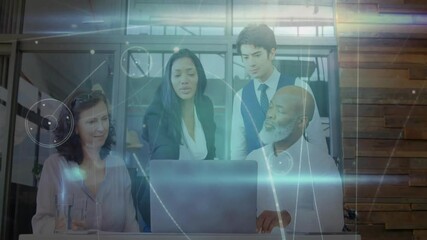 Poster - Business team collaborating on laptop in conference room, with animated charts floating overhead