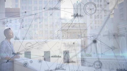 Poster - Businesswoman leaning on balcony, overlooking city skyline, showing floating technology data graphs