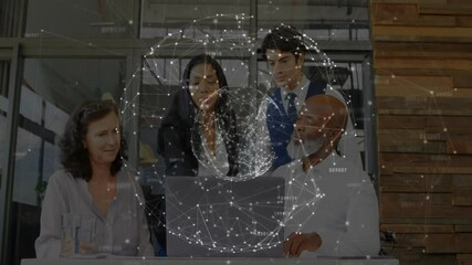Poster - Business team collaborating around laptop in office, with network dots and lines overlaying table
