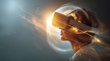 Poster - User Engaged with Virtual Reality Headset in Cosmic Universe Background
