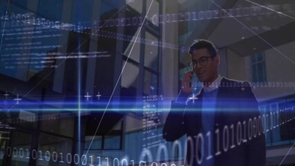 Poster - Man speaking on smartphone in business lobby, showcasing binary code with light-line animations