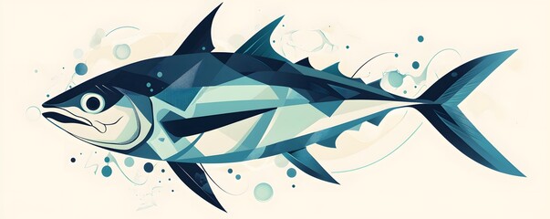 Poster - A vibrant illustration of a fish, showcasing a stylized and geometric design. The artwork features dynamic shades of blue and teal, surrounded by abstract aquatic elements.