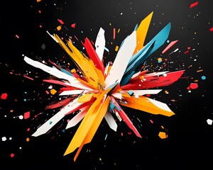 Poster - An abstract explosion of colors featuring sharp geometric shapes in vibrant hues of red, yellow, blue, and white on a dark background. Perfect for creative designs and visuals.