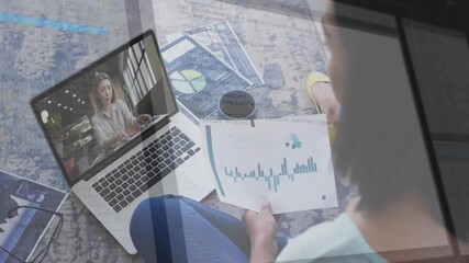 Poster - Remote colleague man analyzing finance bar chart on floor near laptop, with floating code snippets