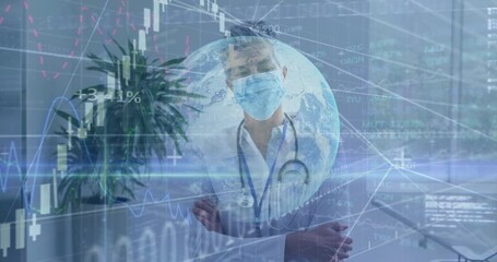 Poster - Senior woman doctor standing with crossed arms in clinic, showing globe overlay and finance charts