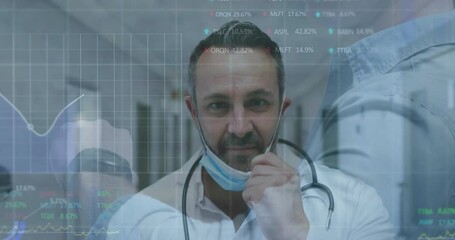 Poster - Doctor adjusting surgical mask in hospital corridor, projecting animated data graphs and charts