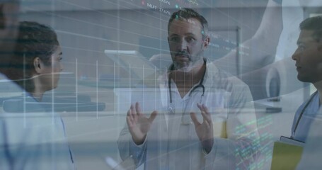 Poster - Medical team discussing clinical finance charts in clinic, overlay showing holographic data
