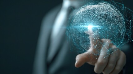 Poster - Businessman in Suit Pointing at Holographic Globe with Light Effects