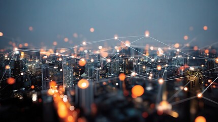 Poster - Urban Smart City with Glowing Network Icons Over Cityscape at Night