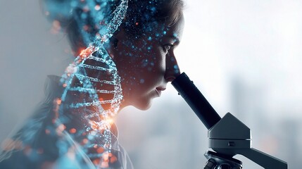 Poster - Digital Double Exposure Portrait of Female Researcher with Microscope