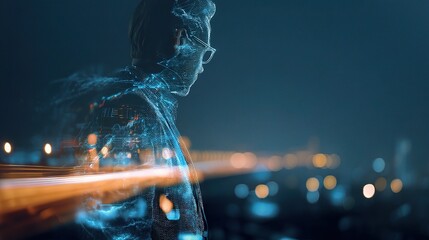 Poster - Futuristic Businessman Merged with Dynamic Data Flows at Night