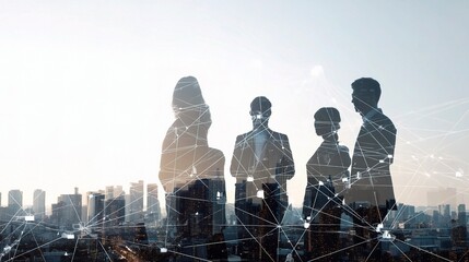 Poster - Team of Coworkers in a Floating Network Over City Skyline