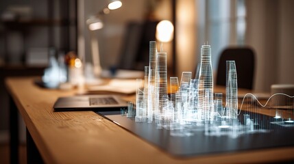 Poster - Modern Office Desk with Holographic Building Models and Technology