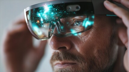 Poster - Modern Businessman Wearing Smart Glasses with Digital Interface