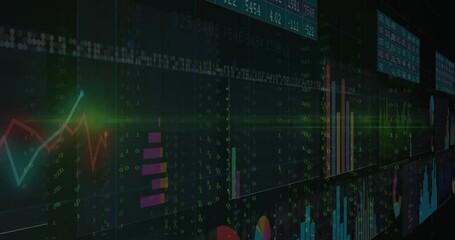Poster - digital dashboard displaying multiple charts with ticker panels over binary overlay in dark ui