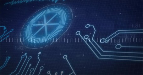 Poster - Circuit lines branching across blue grid, radial gauge rotating with glowing numeric markers