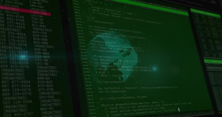 Poster - Digital globe 3D render spinning in dark interface, showing code panels, redacted tags