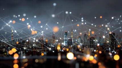Poster - Urban Smart City with Glowing Network Icons at Night