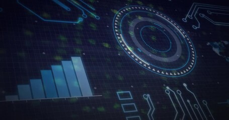 Aufkleber - futuristic circular radar dial spinning on dark grid featuring rising blue chart and glowing lines