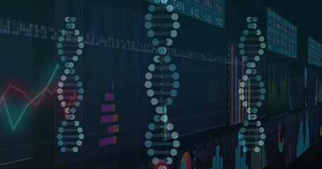 Poster - Translucent DNA helix icon floating over dark grid, combining bar charts, line graphs, pie charts
