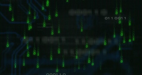 Poster - cascading binary code columns being visualized on dark ui, glowing circuit patterns in flat design