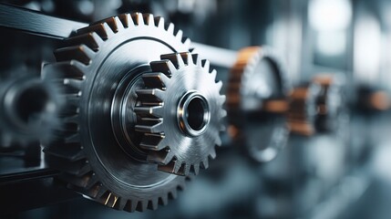 Poster - Vertical Panorama of Mechanical Gears in Soft Blur Background