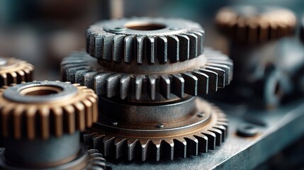 Poster - Close-Up of Vertical Gears in Rusty Machine with Detailed Overlays