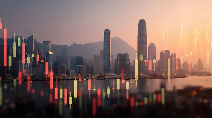 Poster - Financial Market Candlestick Chart Overlaying Hong Kong Skyline