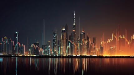 Poster - Vibrant Dubai Skyline with Financial Chart Overlays at Night