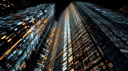Poster - Futuristic Skyscraper with Glass Facade and Binary Overlay