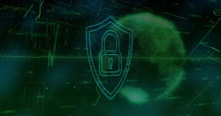 Poster - Glowing cyan shield outlining padlock and floating inside dark cyber grid, featuring streaming data