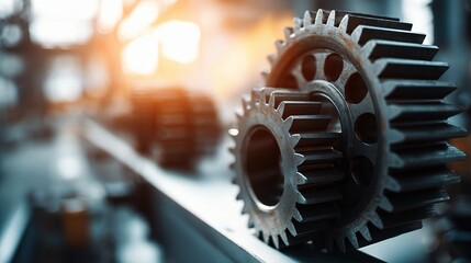 Poster - industrial gear mechanism with blurred office background visuals